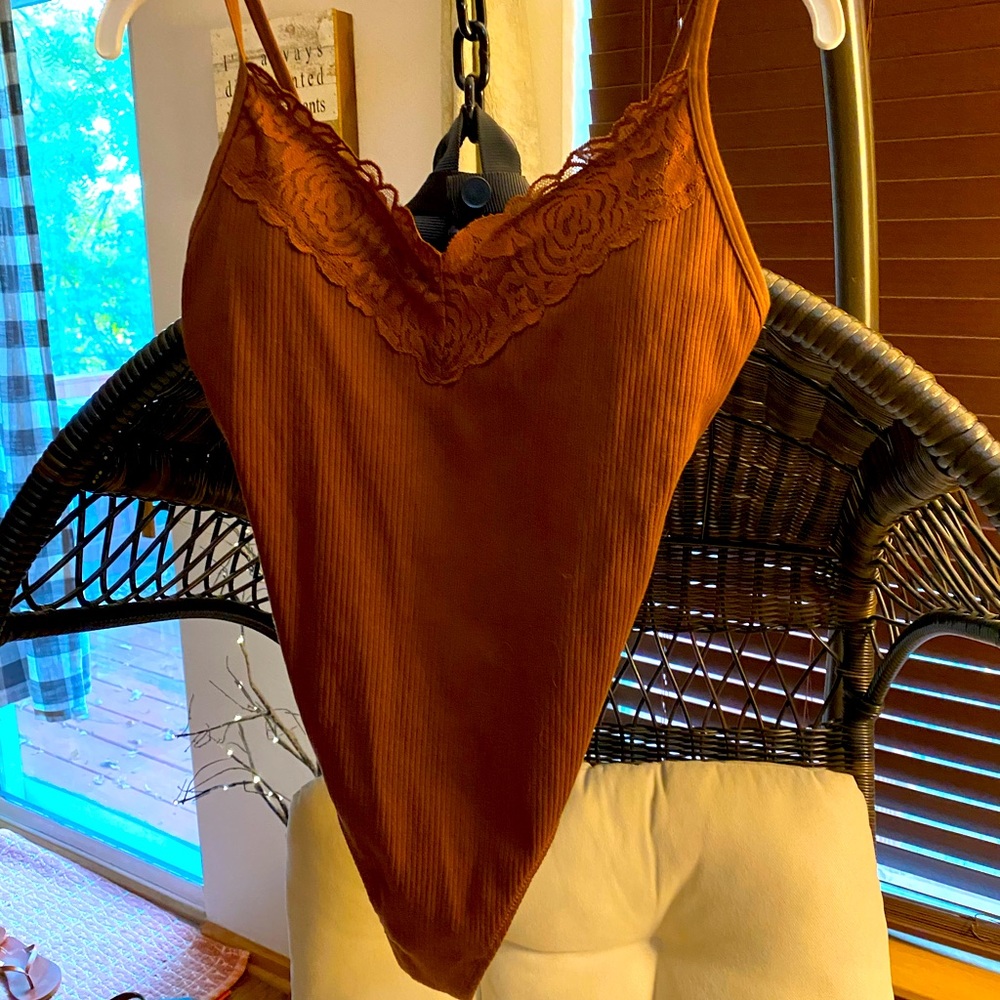 Brown bodysuit with lace trim